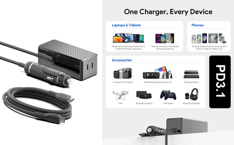 145W-Gleichstrom-Autoladegerät mit 2 USB-C Anschlüssen für MacBook AI Gaming-Laptop, DJI-Drohne, Smartphone, Tablet, Bluetooth-Lautsprecher