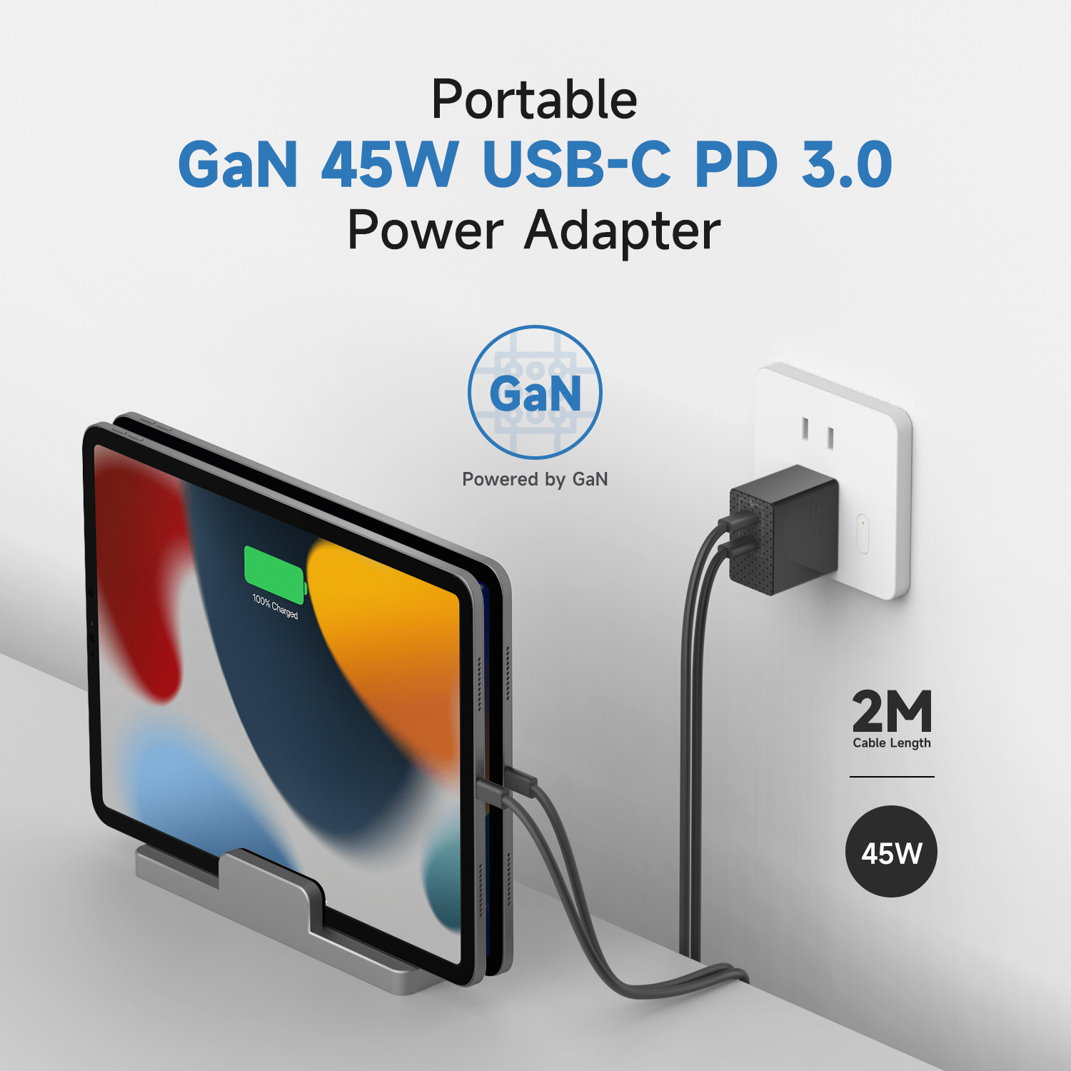 Tragbares Smart GaN 45W USB Typ-C PD3.0 mit 2 Ports Ladegerät 
