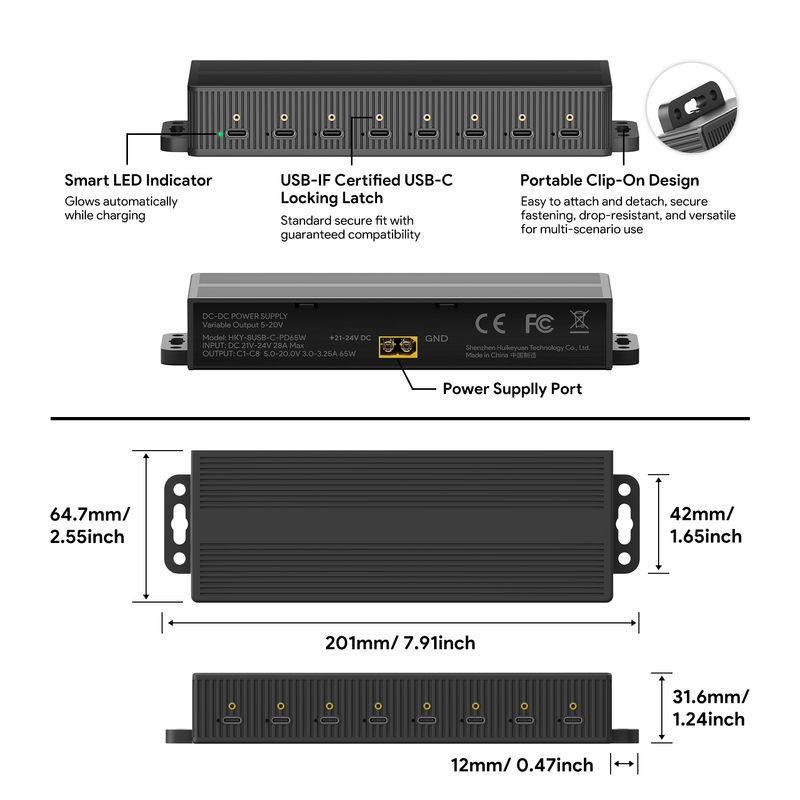 Tragbarer USB-C-Ladehub mit 8 Anschlüssen, 65 W pro Anschluss
