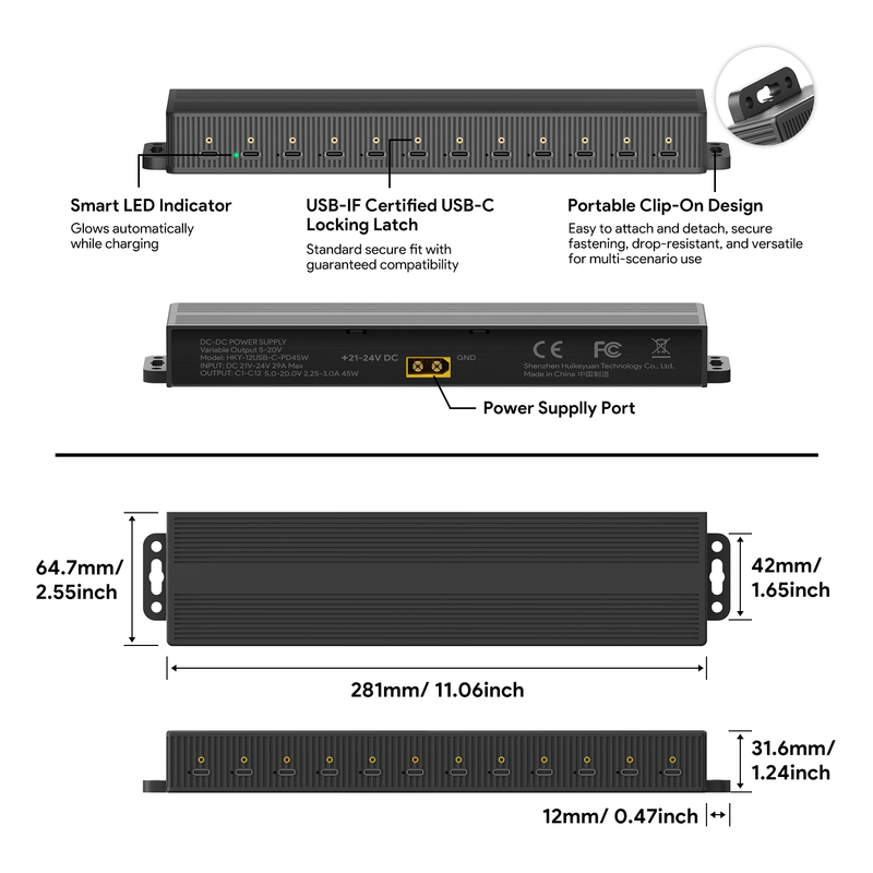 Tragbarer USB-C-Ladehub mit 12 Anschlüssen, 45 W pro Anschluss